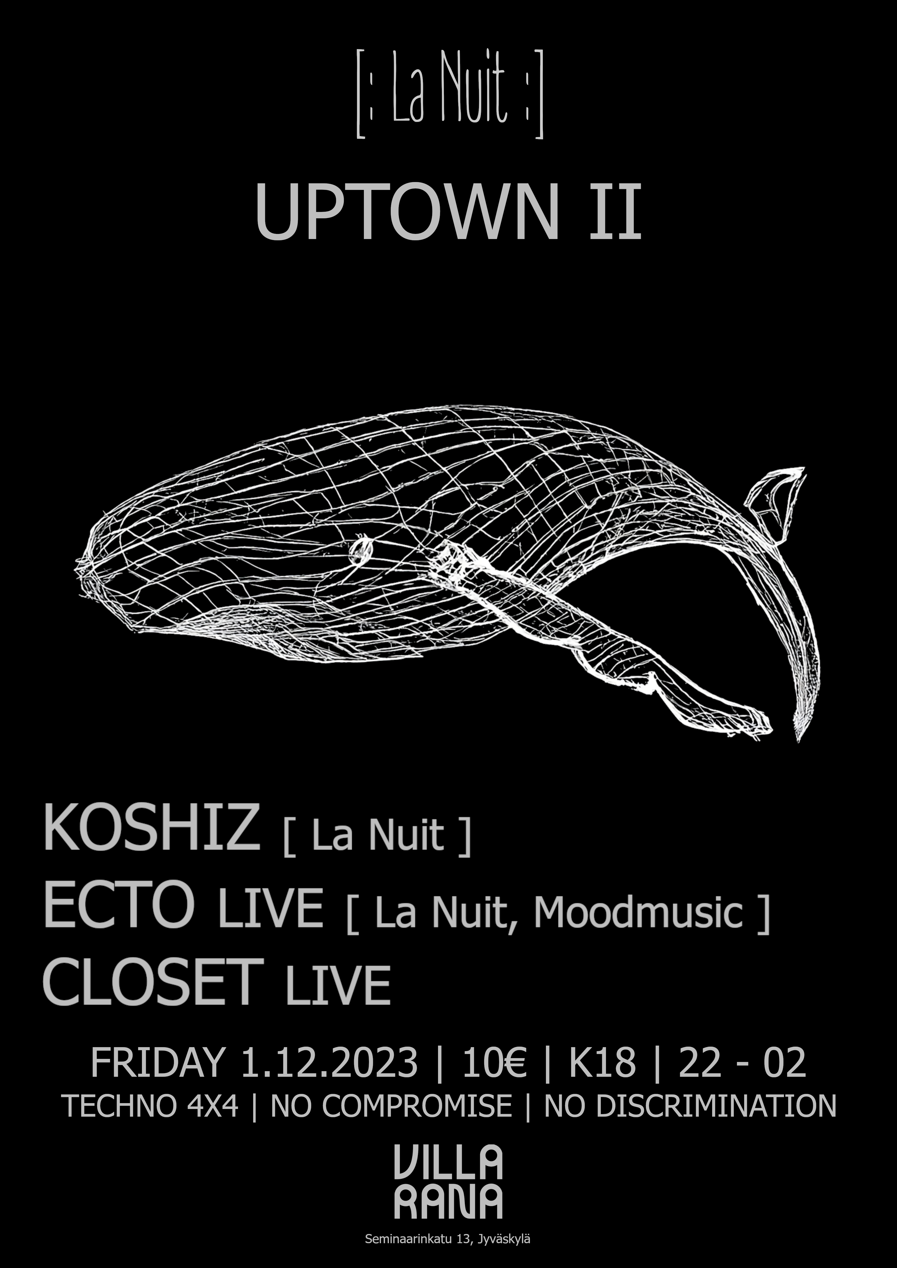 A poster of an event, a wireframe whale in white with black background.